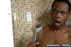 Polina Sweet was surprised when she saw grandpa Carlos huge black dick and she wants it to fuck her tight teen hole and started a quick sex with him.